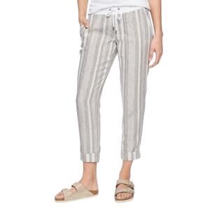Athleta Bali Linen Pants Size 10T Beige Cream Stripe Ankle Crop Cuffed Pull On